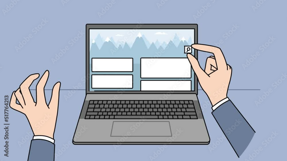 Web designer working with tabs on computer. Software engineer creating website with templates on laptop. UI design job. Illustration, motion. Web designer working with tabs on computer. Software engineer creating website with templates on laptop. UI design job. Illustration, motion.