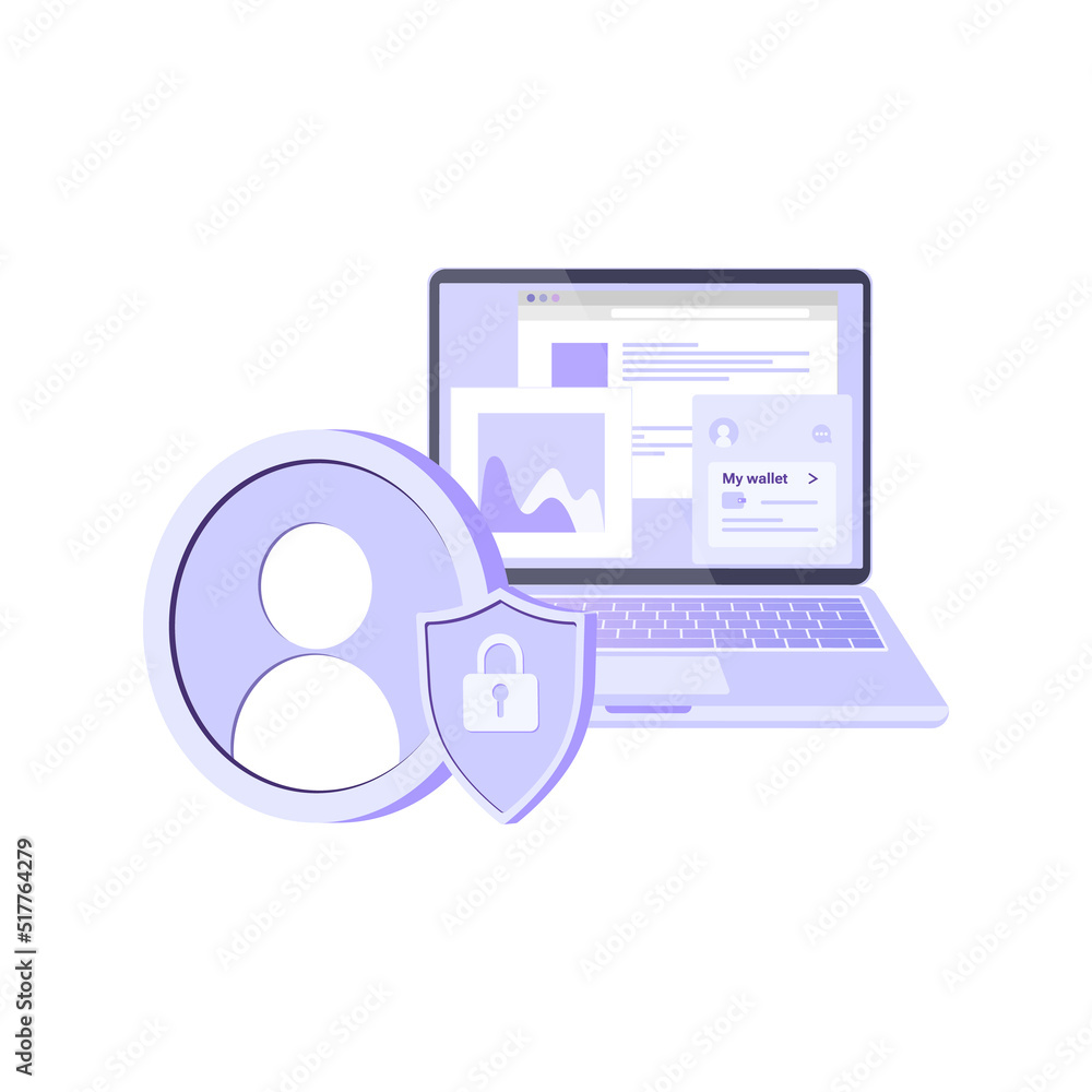 Avatar icon, laptop and shield with lock isolated on white background. Flat vector illustration of user protection, account secure, safe payments, online wallet app and authentication concept. Avatar icon, laptop and shield with lock isolated on white background. Flat vector illustration of user protection, account secure, safe payments, online wallet app and authentication concept.