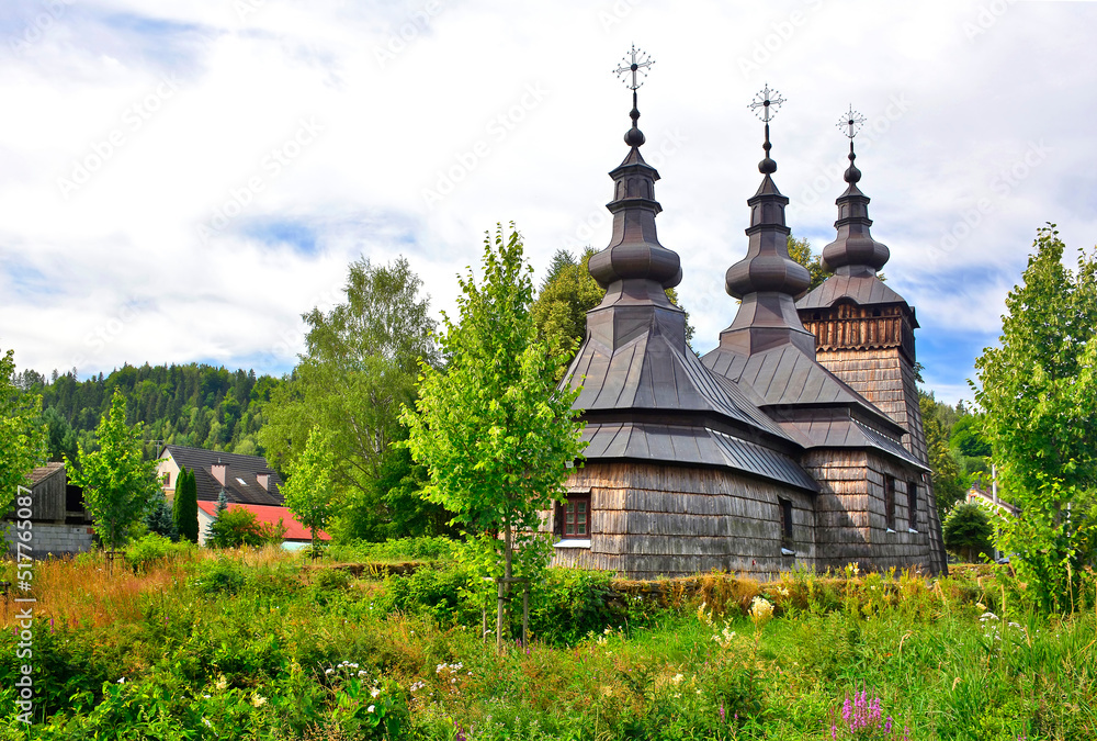 Ancient greek catholic wooden church in Szczawnik village near Muszyna, Poland