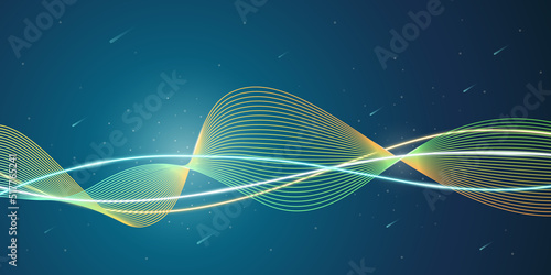 Abstract vector background. Web banner template with neon glowing blend lines in blue and yellow colors. Editable vector illustration.