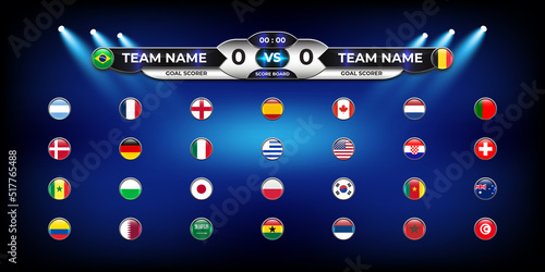 Scoreboard soccer statistic and Lower Third football template with flag icon collection