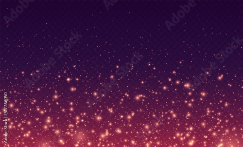 Fire sparks, magic sparkles, hellfire particles light effect. Shiny flying particles, cosmic dust with glowing flares isolated on a dark background. Vector illustration.