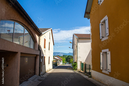 Houses on narrow street Rue du Bordeau, Saint-Genis-Pouilly, France