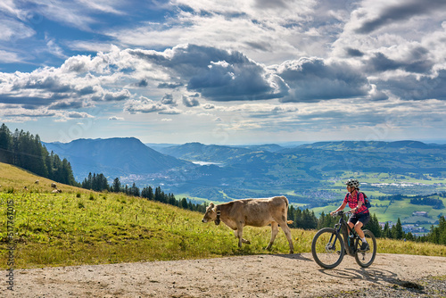 nice active senior woman riding her electric mountain bike at Mount Gruenten in the Allgaeu Alps , Bavaria, Germany