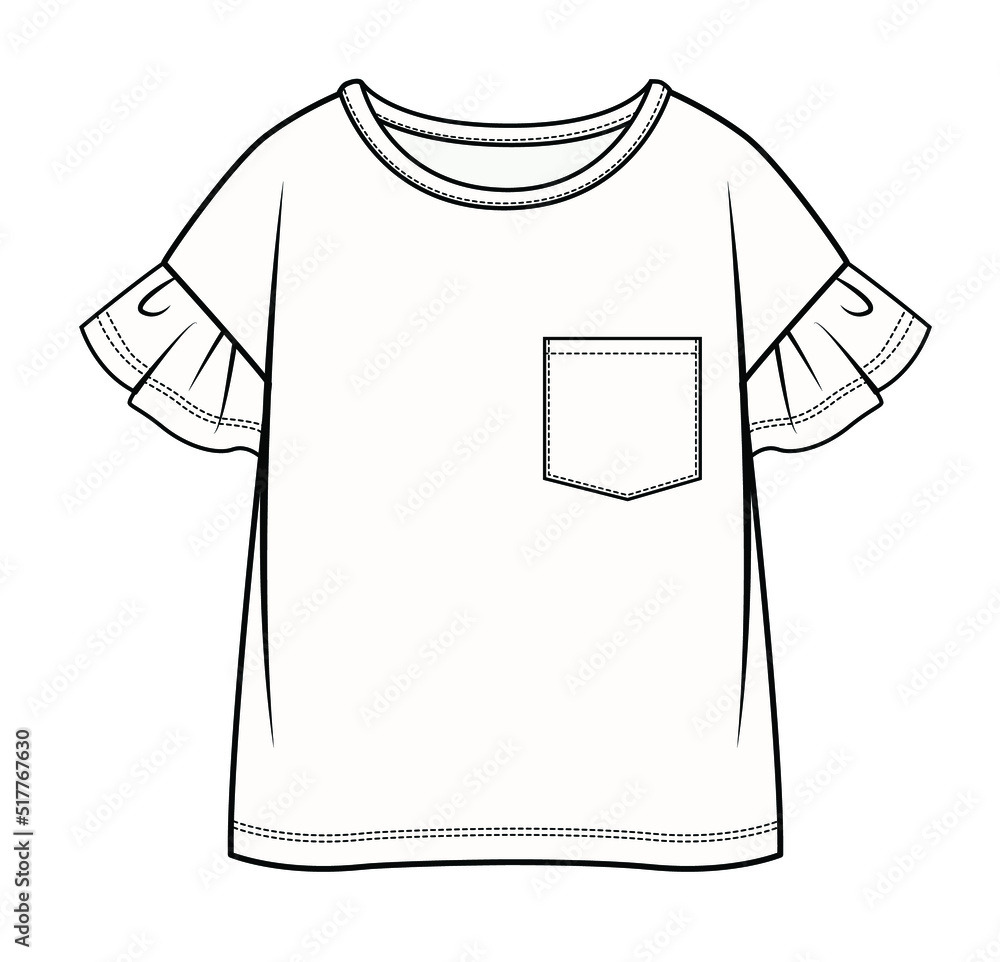 FLAT SKETCH OF DROP SHOULDER TEE WITH PATCH POCKET FOR GIRLS IN EDITABLE VECTOR FILE FLAT SKETCH OF DROP SHOULDER TEE WITH PATCH POCKET FOR GIRLS IN EDITABLE VECTOR FILE