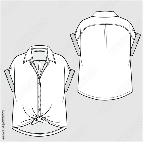 DROP SHOULDER FRONT KNOTTED WOVEN TOP  FOR WOMEN ANDTEEN GIRLS IN EDITABLE VECTOR FILE