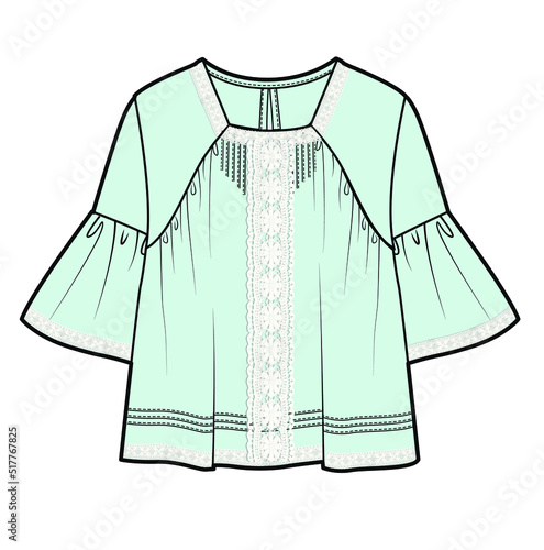 FRILLED SLEEVES WOVEN TOP WITH LACE FOR WOMEN AND TEEN GIRLS IN EDITABLE VECTOR