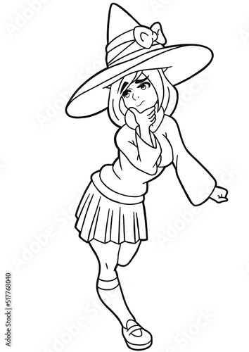 A cute witch girl drawn in the style of Japanese manga comics, she has a big hat, she is wearing a mantle, a short skirt, shoes, an outline drawing coloring book © Ivan