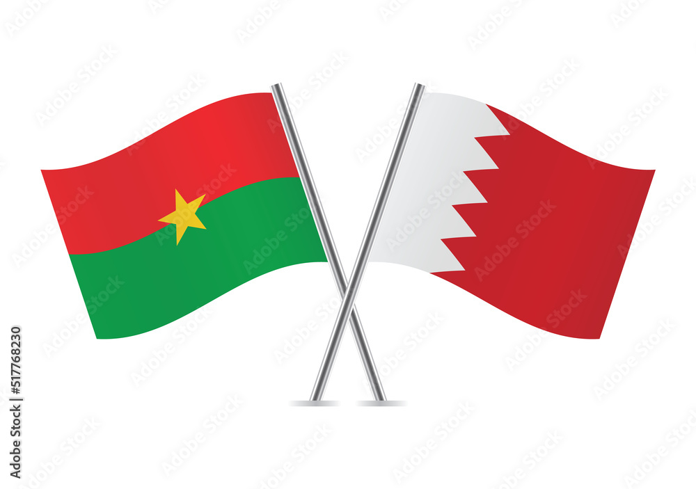 Burkina Faso and Bahrain crossed flags. Burkinabe and Bahraini flags on white background. Vector icon set. Vector illustration. Burkina Faso and Bahrain crossed flags. Burkinabe and Bahraini flags on white background. Vector icon set. Vector illustration.