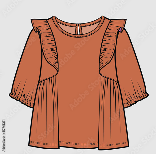FRILLED WOVEN TOP WITH ELASTICATED PUFF ELBOW LENGTH SLEEVES FOR TEEN GIRLS AND KID GIRLS IN EDITABLE VECTOR FILE