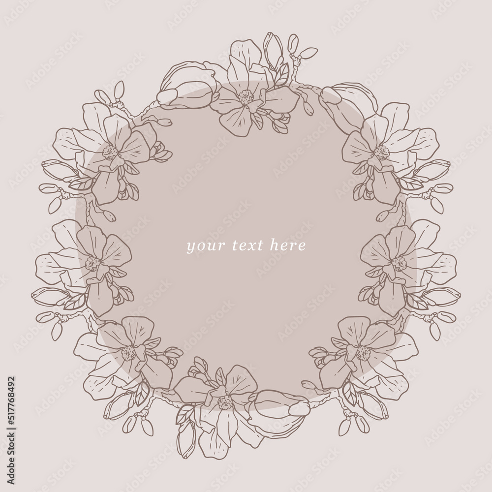 Round frame, template for text. Design for a postcard. Hand-drawn plant, elegant outline drawing. Botanical vector illustration. Tropical flowers, orchids. Rounded abstract background, pastel colors. Round frame, template for text. Design for a postcard. Hand-drawn plant, elegant outline drawing. Botanical vector illustration. Tropical flowers, orchids. Rounded abstract background, pastel colors.
