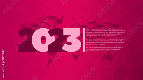 2023 year vector icon. World map symbol with sample text. Pink low poly background. Element for business, web design, infographic, event, celebration, page, presentation