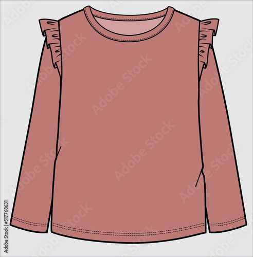 LONG SLEEVES FRILLED KNIT TOP FOR KID GIRLS AND TEEN GIRLS IN EDITABLE VECTOR FILE