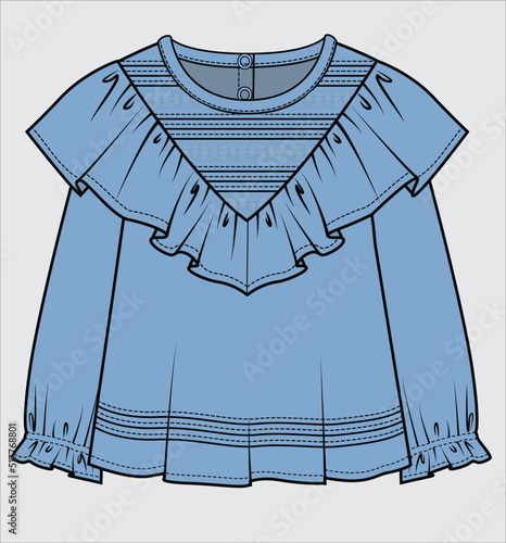 FRILLED LONG SLEEVES WOVEN TOP WITH PINTUCK YOKE FOR KID GIRLS AND TODDLER GIRLS IN EDITABLE VCTOR FILE