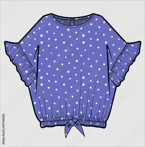 POLKA DOT FRONT TIE UP FRILLED DOLMAN SLEEVES TOP FOR WOMEN AND TEEN GIRLS IN EDITABLE VECTOR FILE