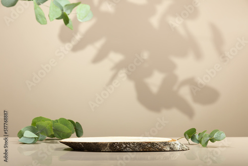 Obraz na plátně Wood slice podium on beige background for cosmetic product mockup