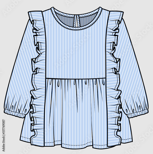 LONG SLEEVES WITH FRILLED DETAIL WOVEN TOP FOR TEEN GIRLS AND KID GIRLS IN EDITABLE VECTOR FILE