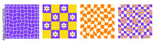 Groovy set seamless patterns with smiling daisy, distorted checkered and hearts. Retro hippie backgrounds in style 60s, 70s. Trendy vector illustration. 