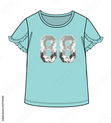 FRILLED SLEEVES WITH SEQUIN EMBROIDERY KNIT TOP FOR KID GIRLS AND TEEN GIRLS IN EDITABLE VECTOR FILE