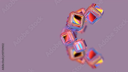 A group of holographic metal cubes fly on neutral background 3D 4K animation with copy space. Geometric motion graphics photo