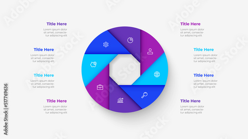 Circle divided into eight parts. Template for cycle business presentation. Vector infographic design illustration with 8 options.