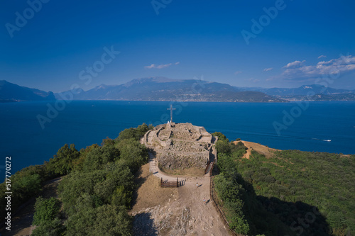 The famous viewpoint Rocca di Manerba on Lake Garda, Italy. Panorama, aerial view of the city of rocca di manerba on lake Garda. photo