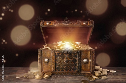 Open an ancient treasure chest in old background