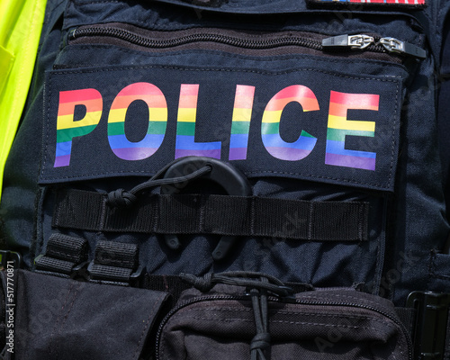 Police Logo in Pride Rainbow colours. on officer uniform. Halifax, Canada