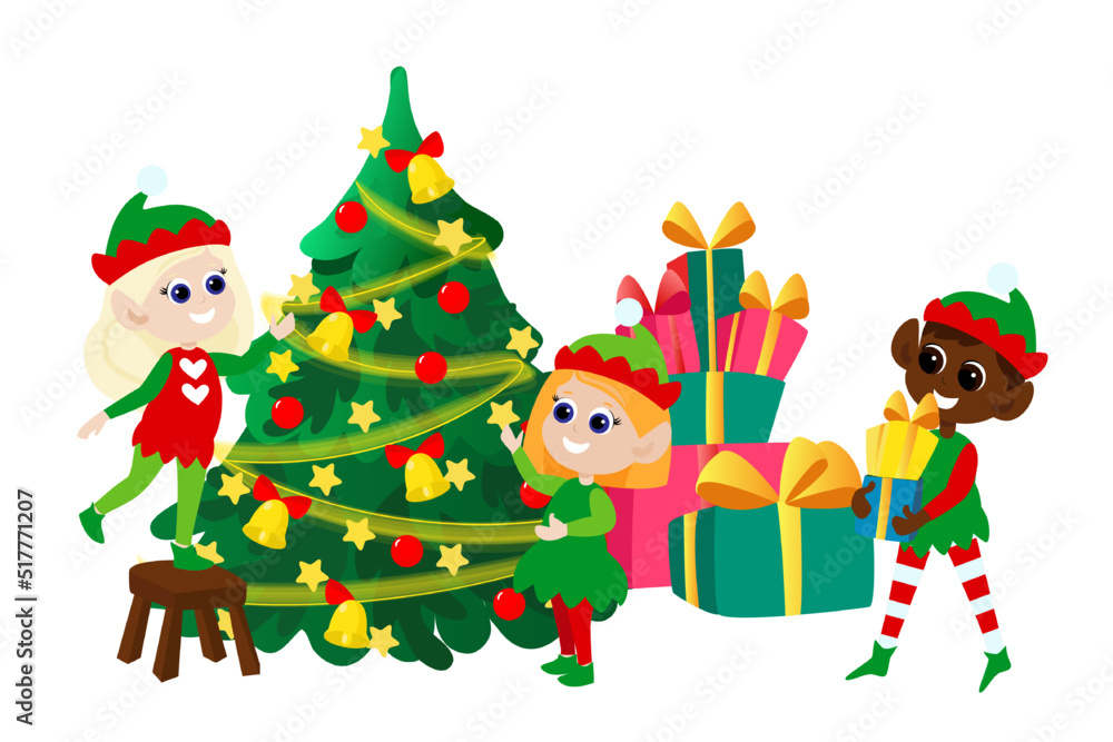 Christmas elves near boxes with gifts and a Christmas tree. Children are happy and they smile and jump. The mood of joy and vorstorga. Winter holiday cartoon illustration isolated on white background.