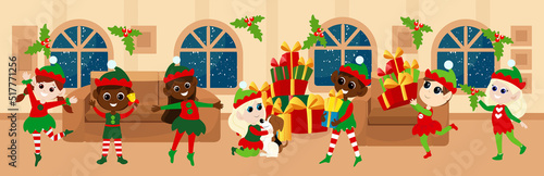 Cheerful elves play and have fun inside the house in the room. The building is decorated with garlands and gifts. Christmas Eve at Santa's House. Festive illustration in cartoon style.