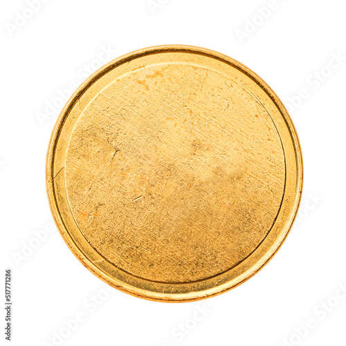 Golden mockup coin, empty coin with worn surface. Isolated on white. Ready for clipping path. photo