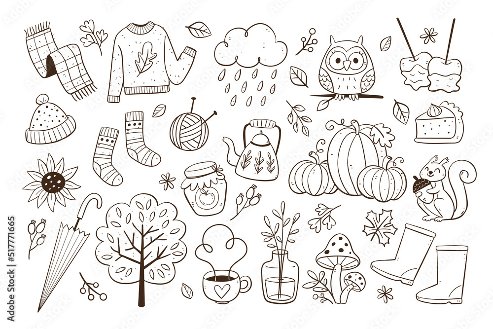 Cute doodle autumn objects isolated. Collection of seasonal things like clothing, pumpkins, food, and fall animals, perfect for creating autumn decorative designs.
