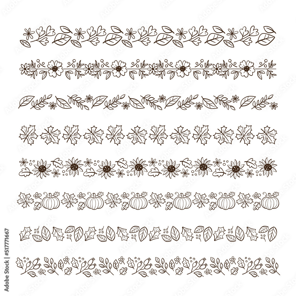 Autumn floral decorative border collection. Seamless borders with fall leaves, seasonal flowers, and pumpkins. Doodle isolated elements. Vector illustration.