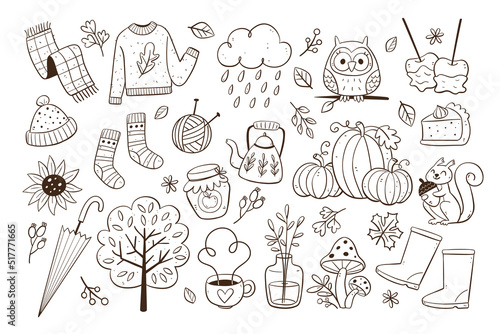 Cute doodle autumn objects isolated. Collection of seasonal things like clothing, pumpkins, food, and fall animals, perfect for creating autumn decorative designs.