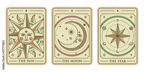 the sun, the moon and the star tarot card illustration vector. Vintage mystic sun, moon and star tarot card in ornamental line art style. Esoteric banner with astrology style.