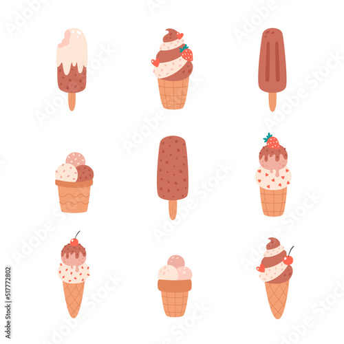 Chocolate and vanilla ice cream collection. Ice cream cone, ice lolly, ice cream in cup. Summertime, hello summer. Hand drawn vector illustration