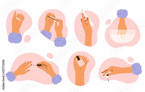 Set of female hands with a manicure. Women's hand manicure collection. Nail care, beauty treatment aesthetic. Vector illustration in cartoon style. Isolated white background