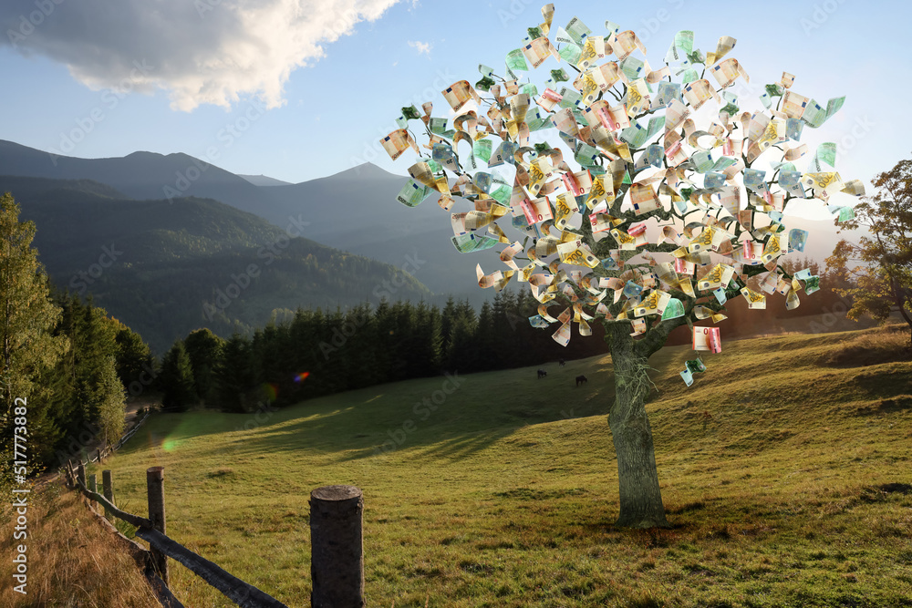 Money tree on pasture in mountains. Concept of financial growth and passive income - obrazy, fototapety, plakaty 