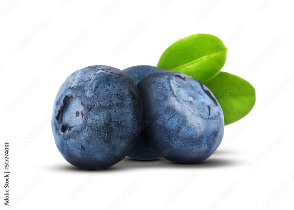 Tasty fresh ripe blueberries with green leaves on white background Tasty fresh ripe blueberries with green leaves on white background