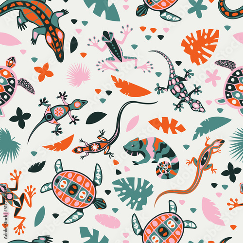 Seamless pattern with reptiles. Vector illustration of lizard, chameleon, sea turtle. Animal fashion textile print