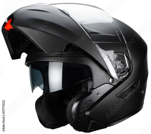 casco de motociclista negro abatible fondo blanco lente para sol vista abierto