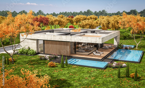 3d rendering of new concrete house in modern style with pool and parking for sale or rent and beautiful landscaping on background. The house has only one floor Clear sunny autumn day with golden leavs