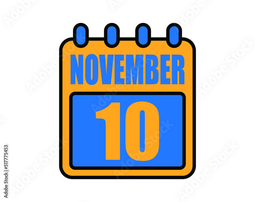10 November calendar. November calendar icon in blue and orange. Vector Calendar Page Isolated on White Background.