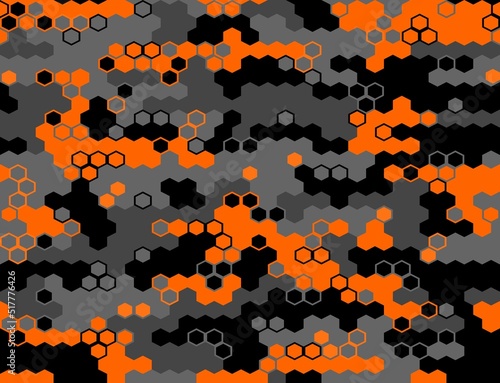 
Hexagon camo vector pattern seamless black gray orange background, trendy digital print.