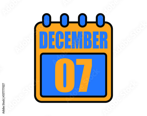 7 December calendar. December calendar icon in blue and orange. Vector Calendar Page Isolated on White Background.