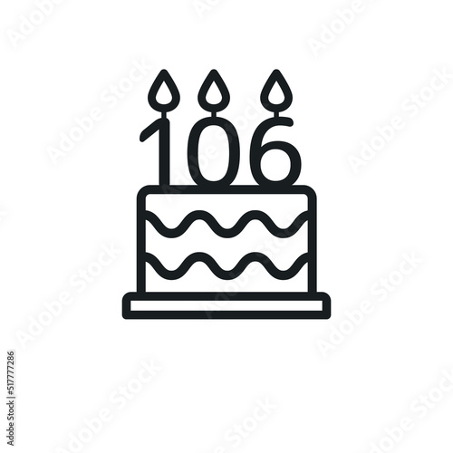 Birthday cake line icon with candle number 106 (one hundred and six). Vector.