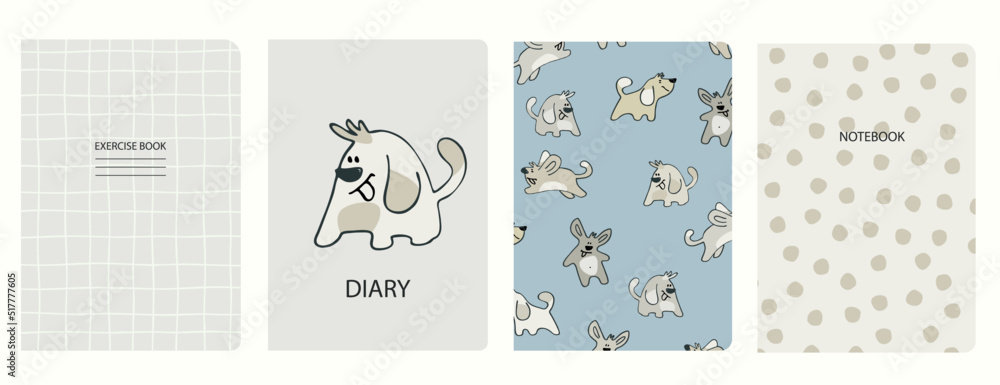 Set of cover page vector templates based on seamless patterns with doggies. Perfect for school exercise books, notebooks, kids diaries Set of cover page vector templates based on seamless patterns with doggies. Perfect for school exercise books, notebooks, kids diaries