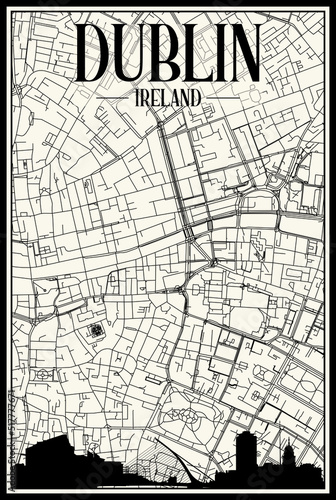 Light printout city poster with panoramic skyline and hand-drawn streets network on vintage beige background of the downtown DUBLIN, IRELAND