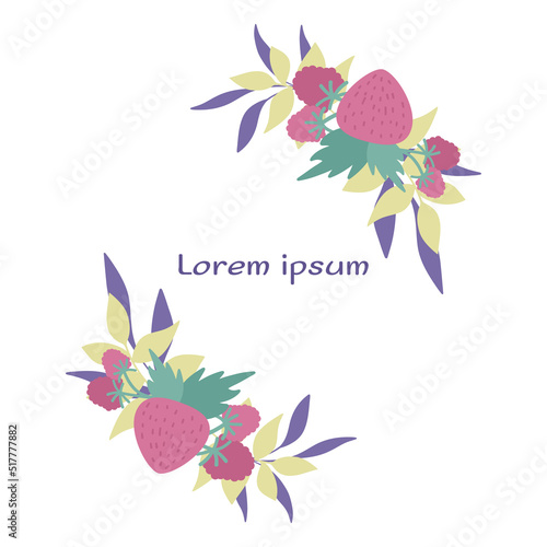 Rectangle frame with two strawberry wreaths on opposite sides. Vector illustration.