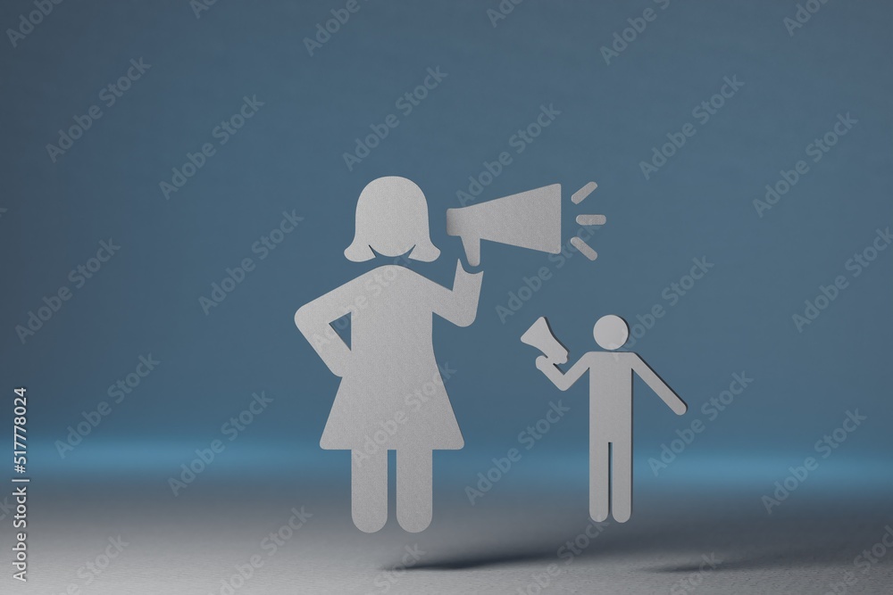 icons big figurine of a woman screaming at a small man. figurines of a man and a woman in white with shadows on an illuminated blue background. 3d render. 3d illustration icons big figurine of a woman screaming at a small man. figurines of a man and a woman in white with shadows on an illuminated blue background. 3d render. 3d illustration
